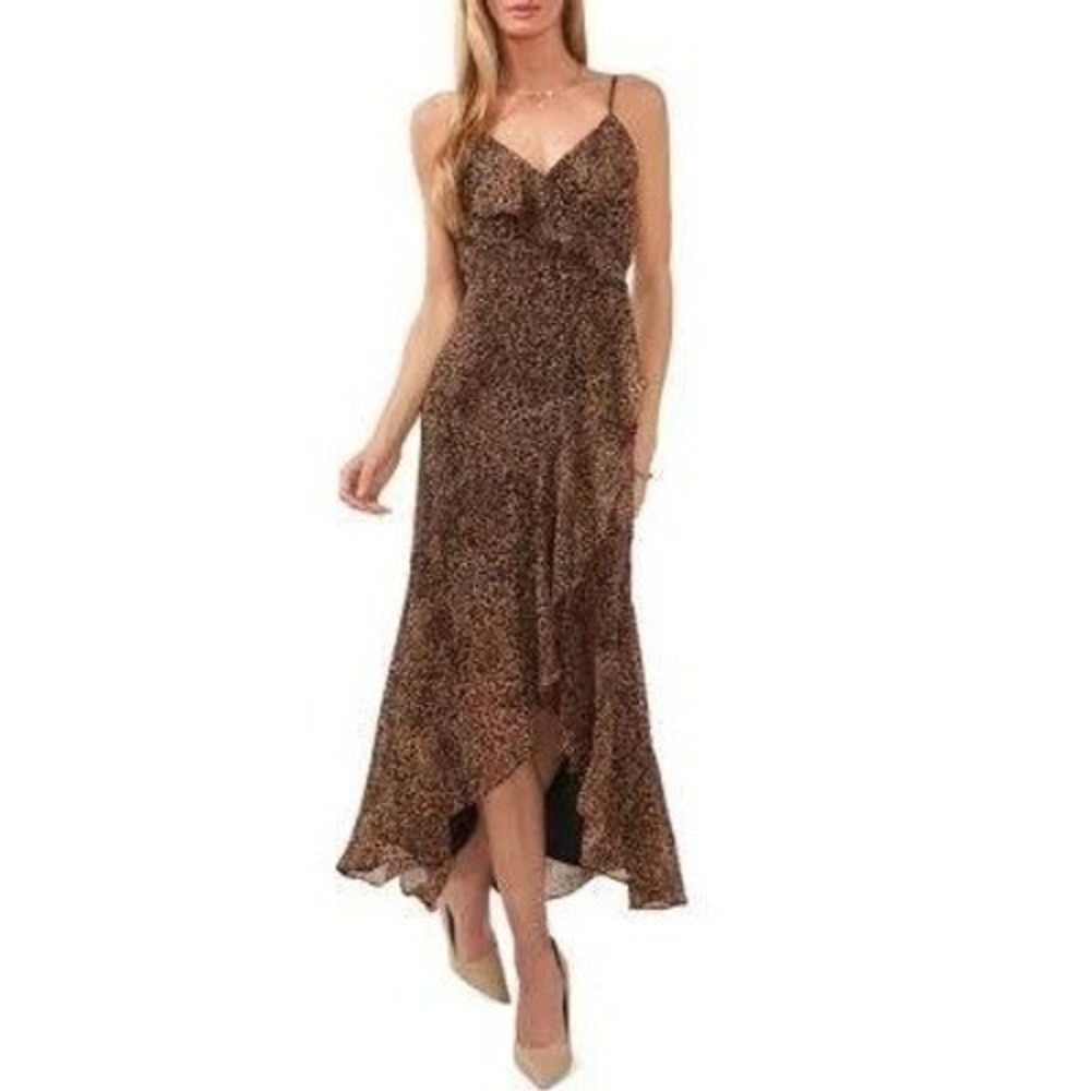 1. STATE Womens Leopard Print Ruffle High Low Maxi Dress Spaghetti Strap Size L